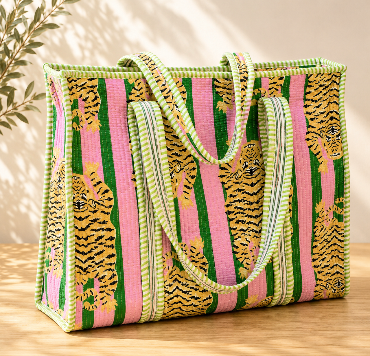 Quilted Block print Cotton Tote Bag, Curated by Lion & Willow