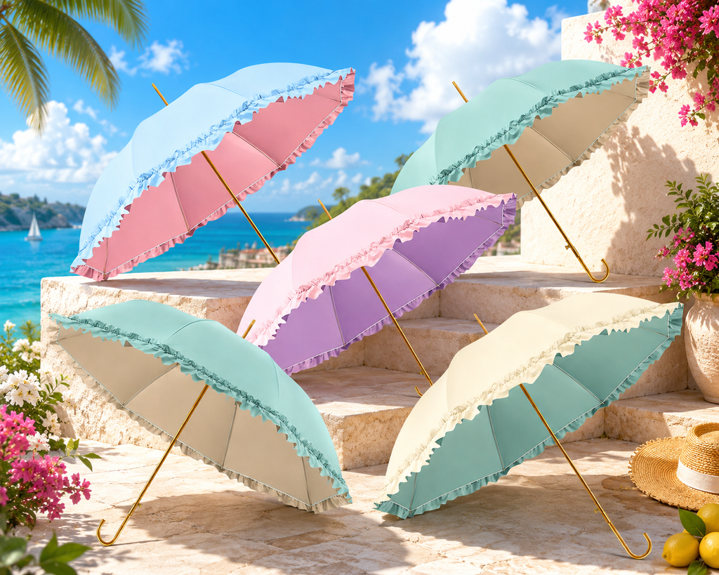 Elegant Frilled Pagoda UV protection Umbrella UPF40+