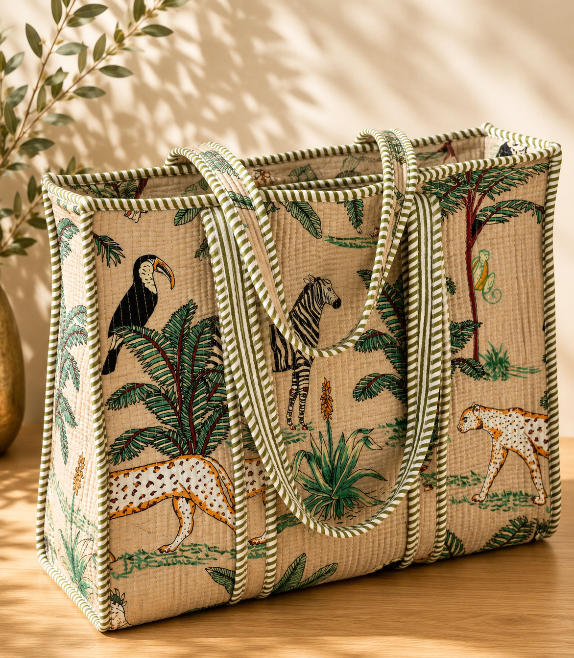 Quilted Block print Cotton Tote Bag, Curated by Lion & Willow