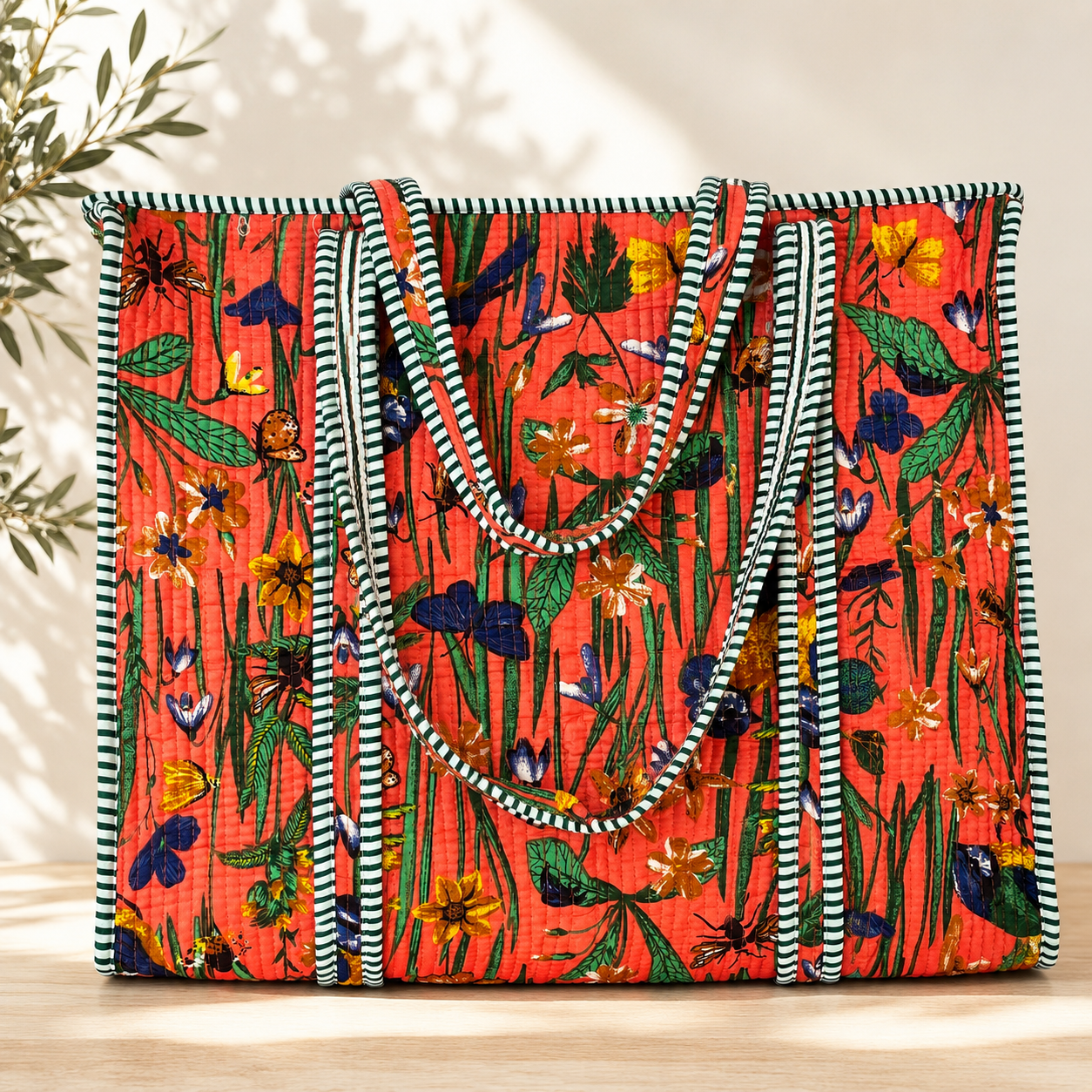 Quilted Block print Cotton Tote Bag, Curated by Lion & Willow