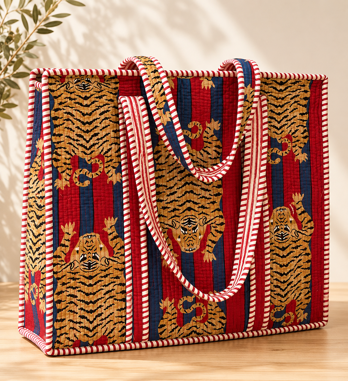 Quilted Block print Cotton Tote Bag, Curated by Lion & Willow