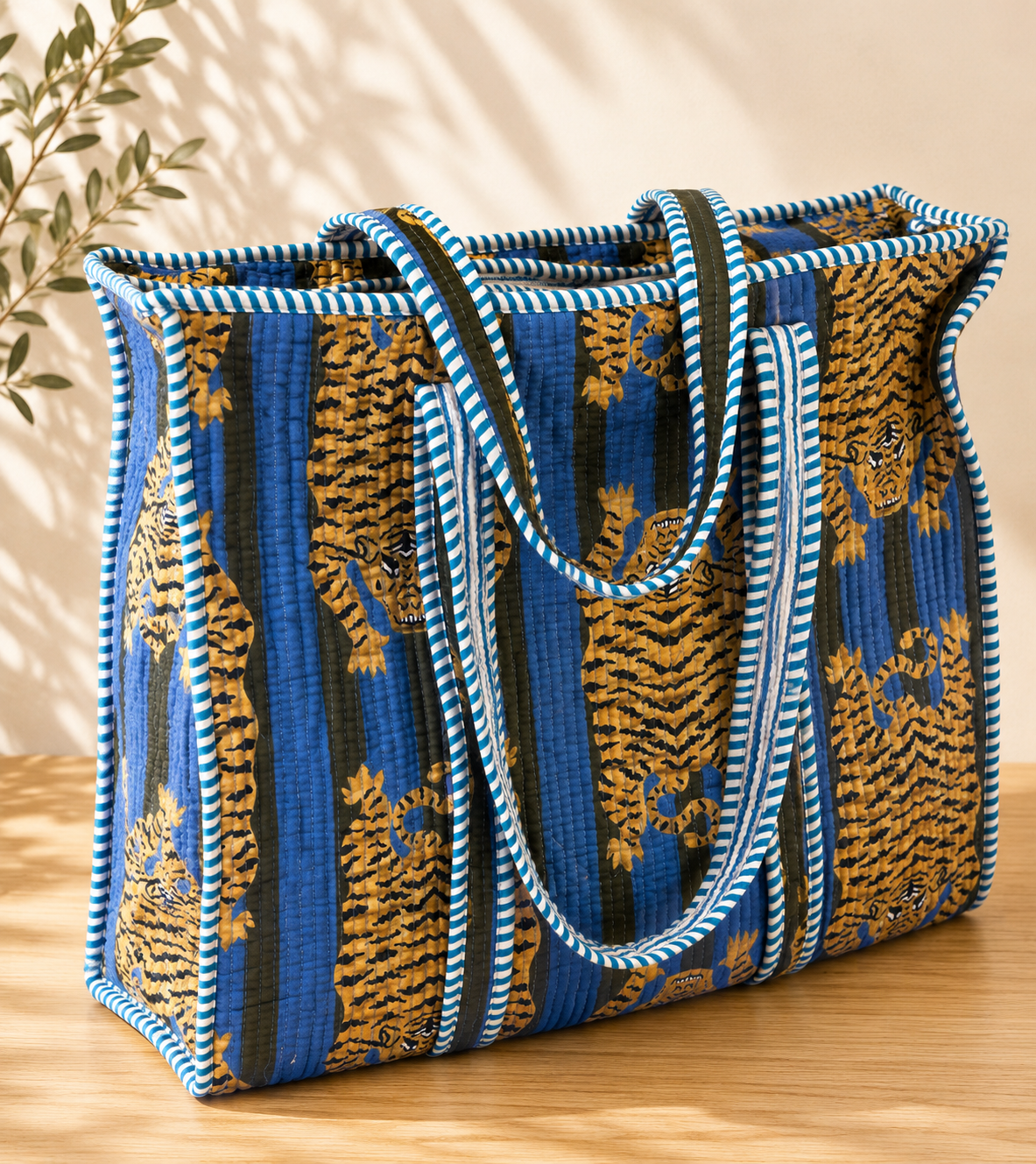 Quilted Block print Cotton Tote Bag, Curated by Lion & Willow