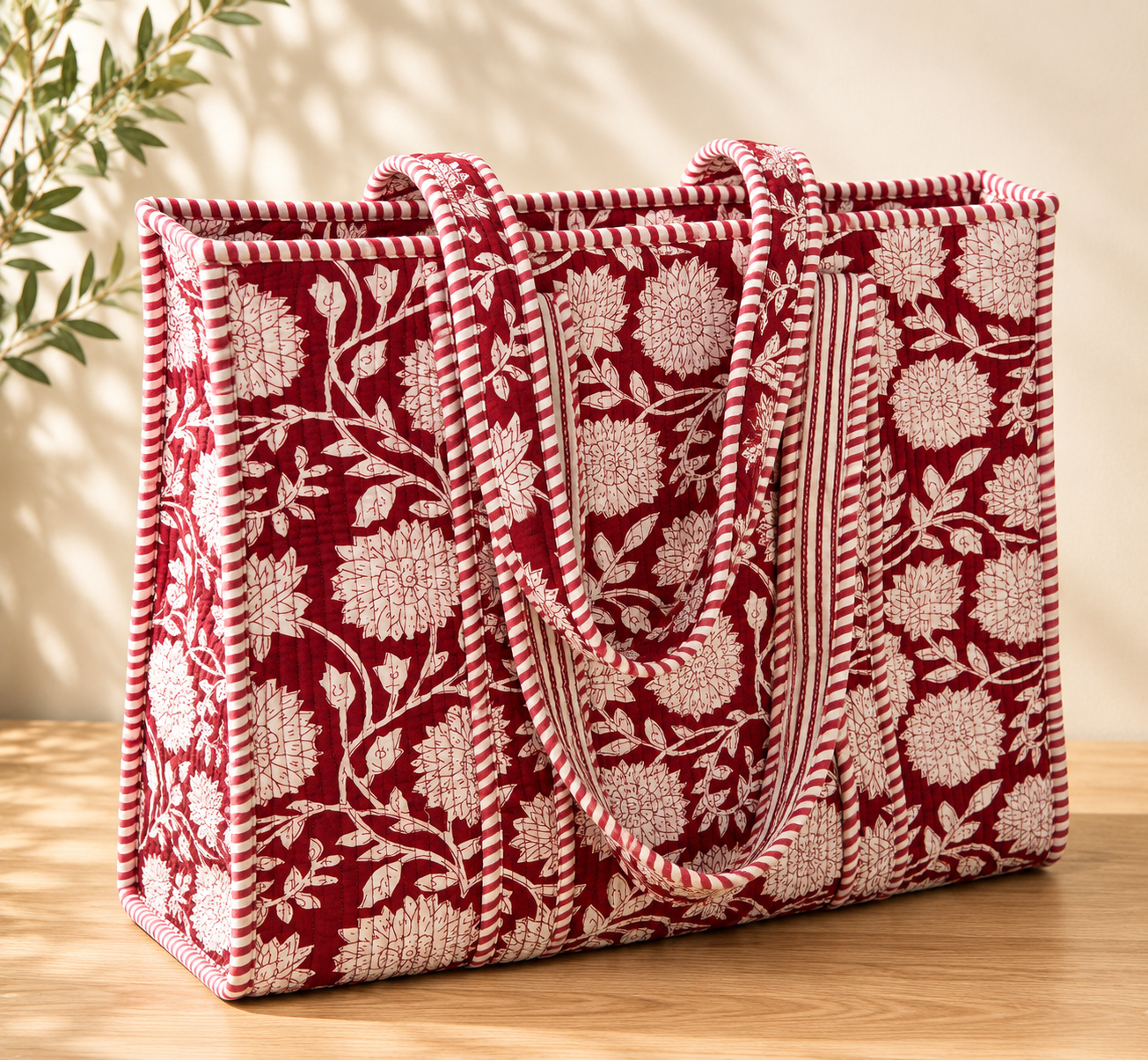 Quilted Block print Cotton Tote Bag, Curated by Lion & Willow