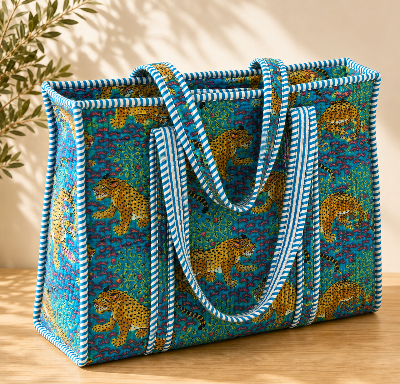Quilted Block print Cotton Tote Bag, Curated by Lion & Willow