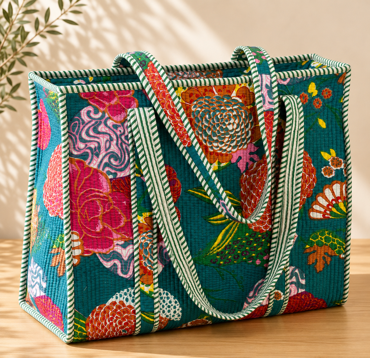 Quilted Block print Cotton Tote Bag, Curated by Lion & Willow